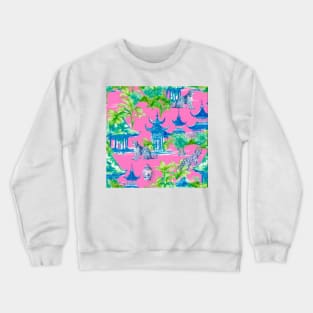 Blue preppy cheetahs, pagodas and banana leaves on pink Crewneck Sweatshirt